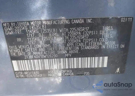 2011 Toyota Rav4 from USA, damaged, VIN 2T3BF4DV1BW126290